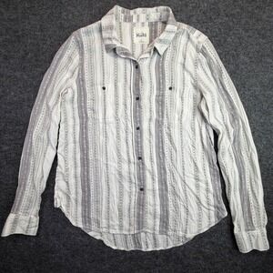 Mudd Button Down Shirt Women Size Medium White Gray Striped Long Sleeve Cotton